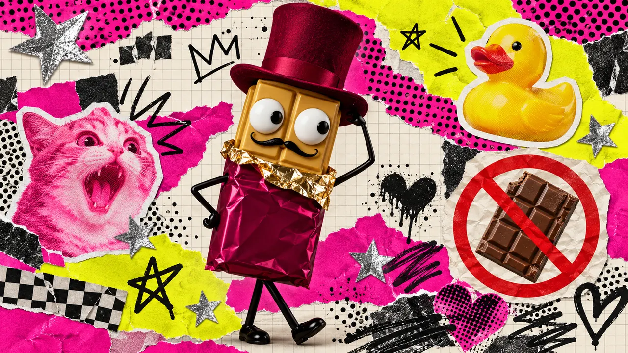 Mascota de chocolate con sombrero de copa, pato y gato sobre papel rosa